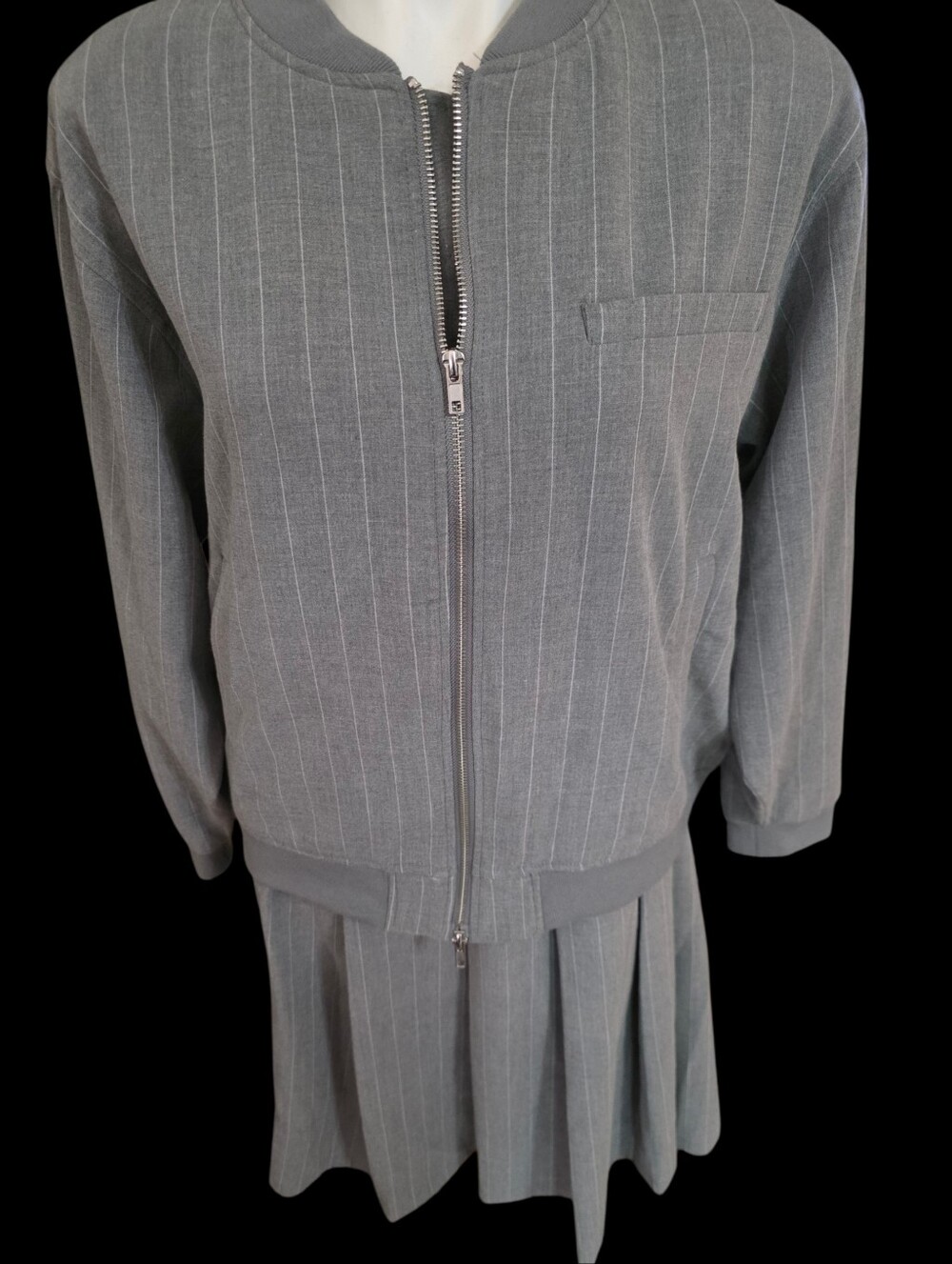 Women's 2 Piece Pinstripe Bomber Jacket Skirt Suit in Grey